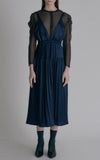 Hidden Forest Market Fortuna Shining Satin Plunging Deep V Midi Dress Navy