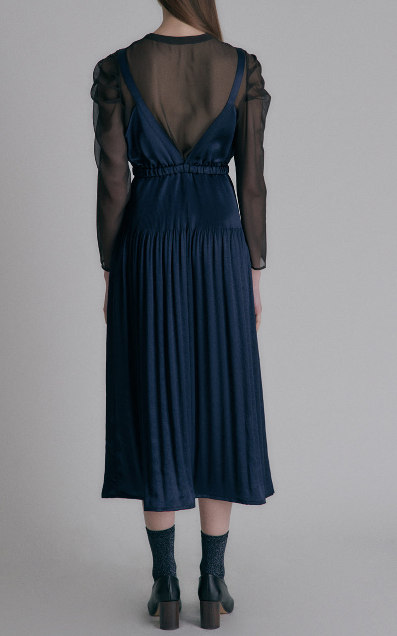 Hidden Forest Market Fortuna Shining Satin Plunging Deep V Midi Dress Navy