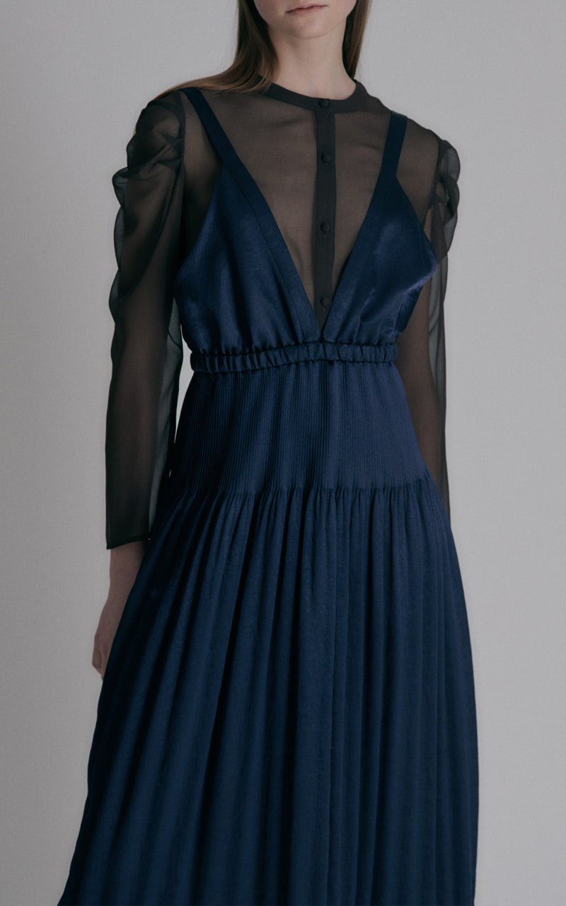 Hidden Forest Market Fortuna Shining Satin Plunging Deep V Midi Dress Navy