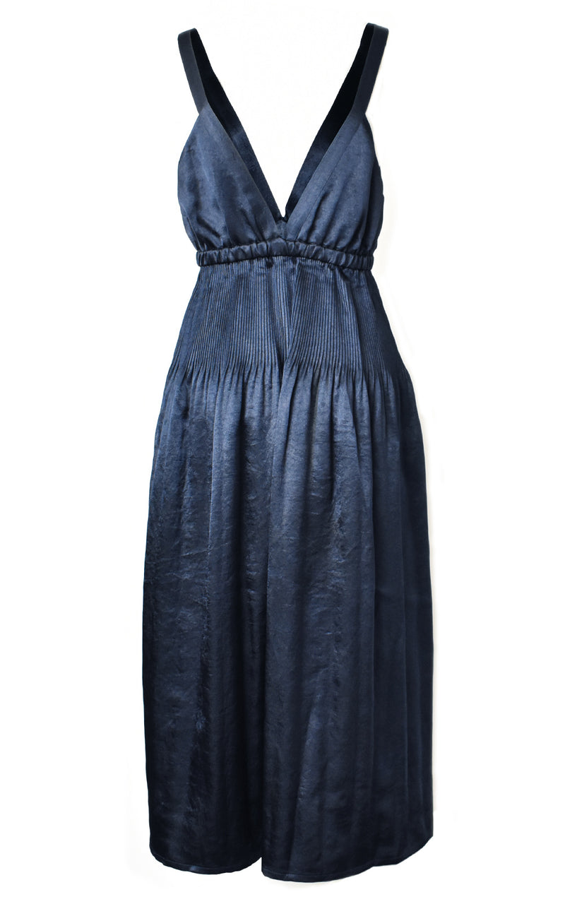 Hidden Forest Market Fortuna Shining Satin Plunging Deep V Midi Dress Navy