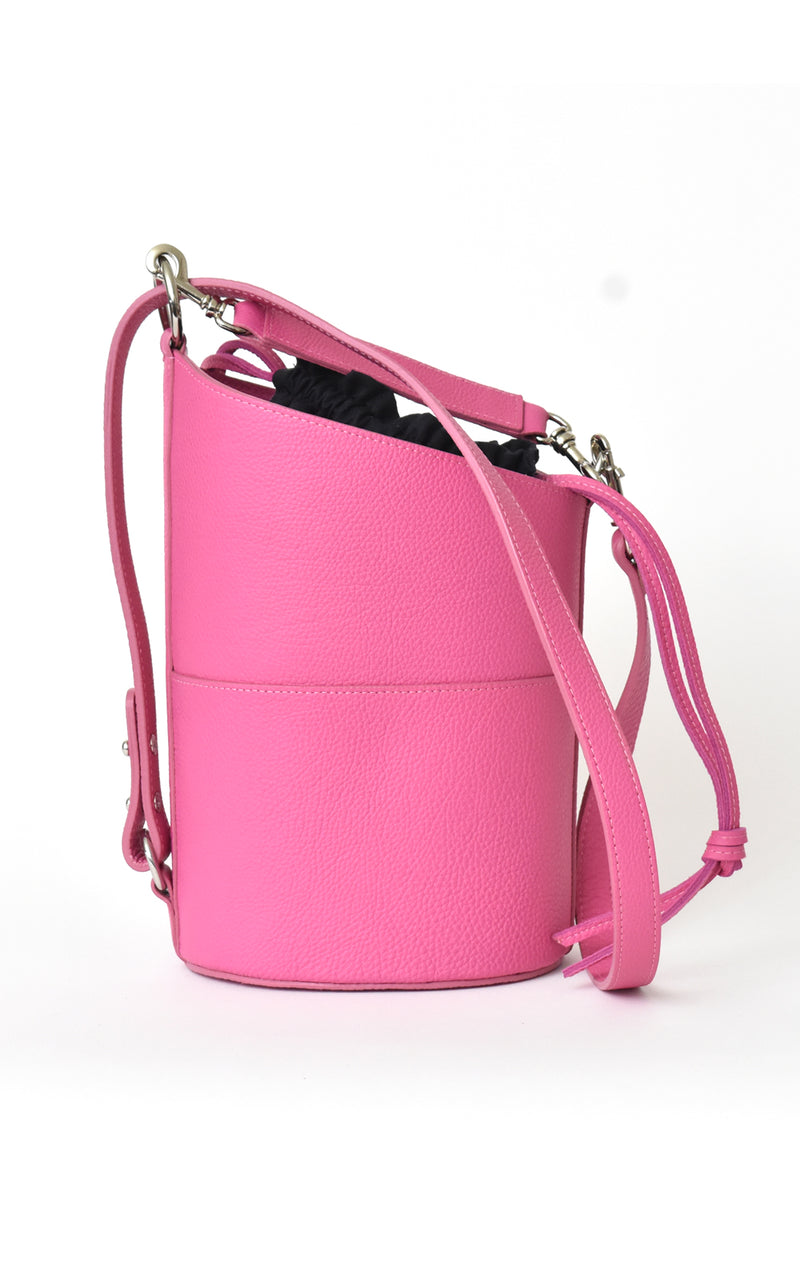 Fuchsia Pink H-ology Leather Bucket Bag with Removable Shoulder Strap Front