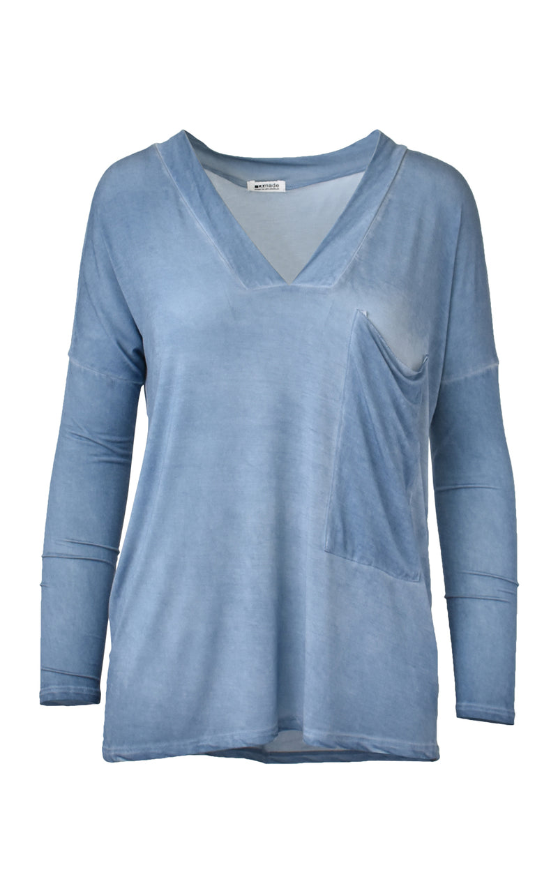 LA Made Oversized Pocket Castor V-Neck Long Sleeve Top Blue Moon