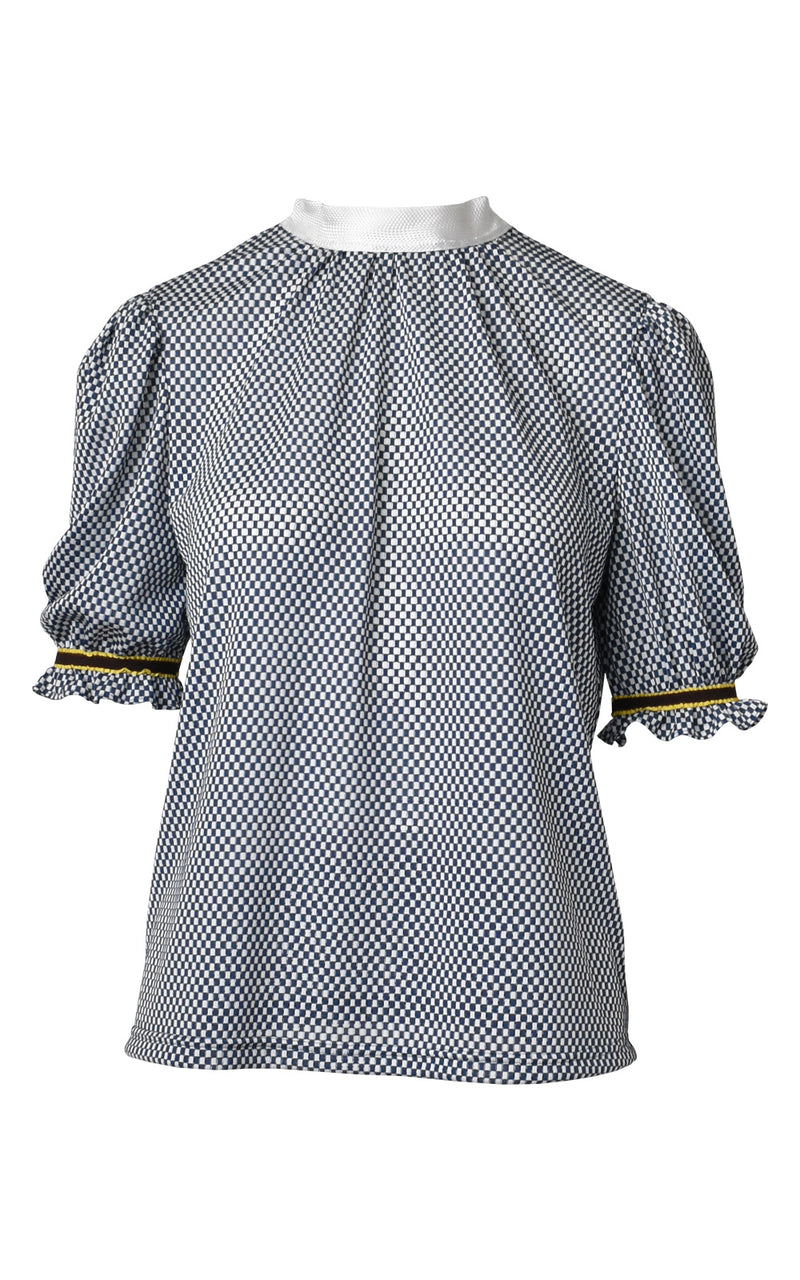 LIE Collection Checkered Ruffle Sleeve Blouse Blue/White Check