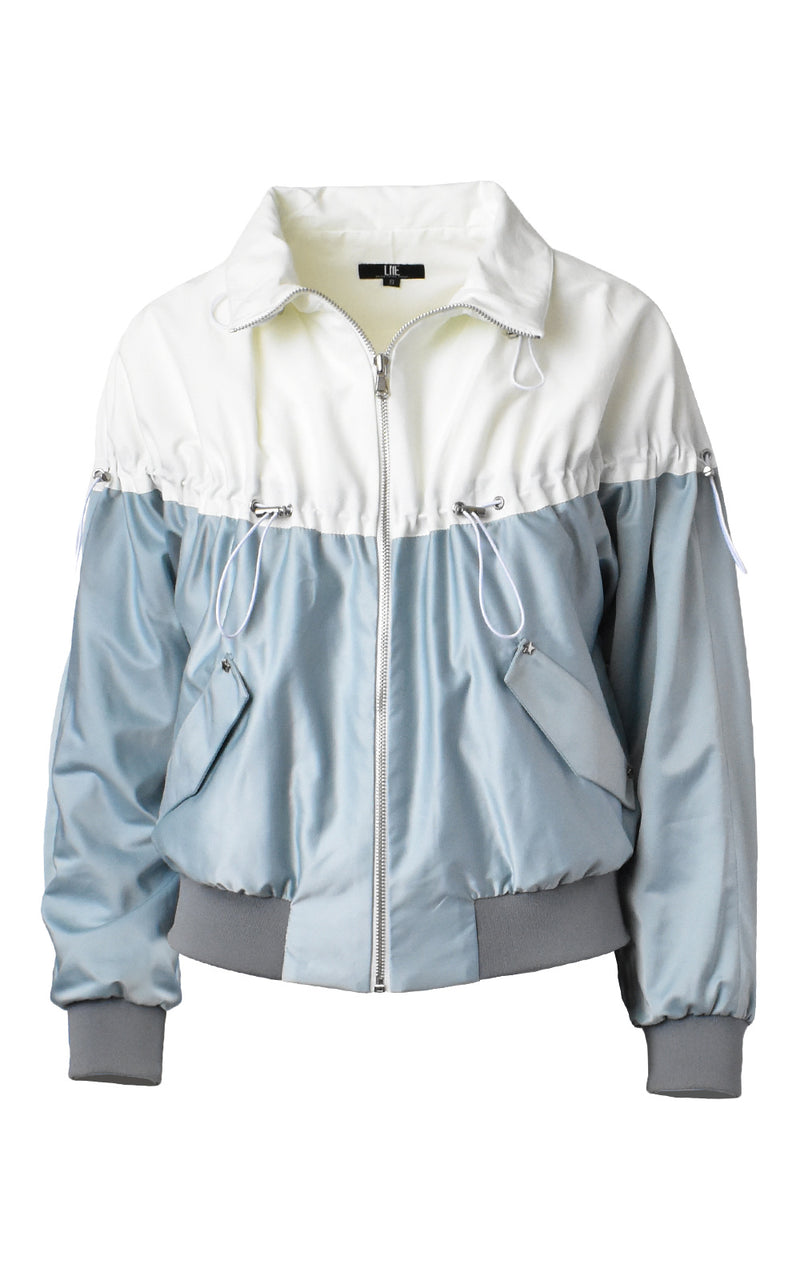 LIE Collection Drawstring Two-Tone Bomber Jacket Silver Blue