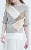 LIE Faux Fur Paneled Short Sleeve Light Grey Wool Sweater