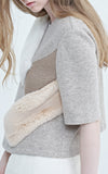 LIE Faux Fur Paneled Short Sleeve Light Grey Wool Sweater