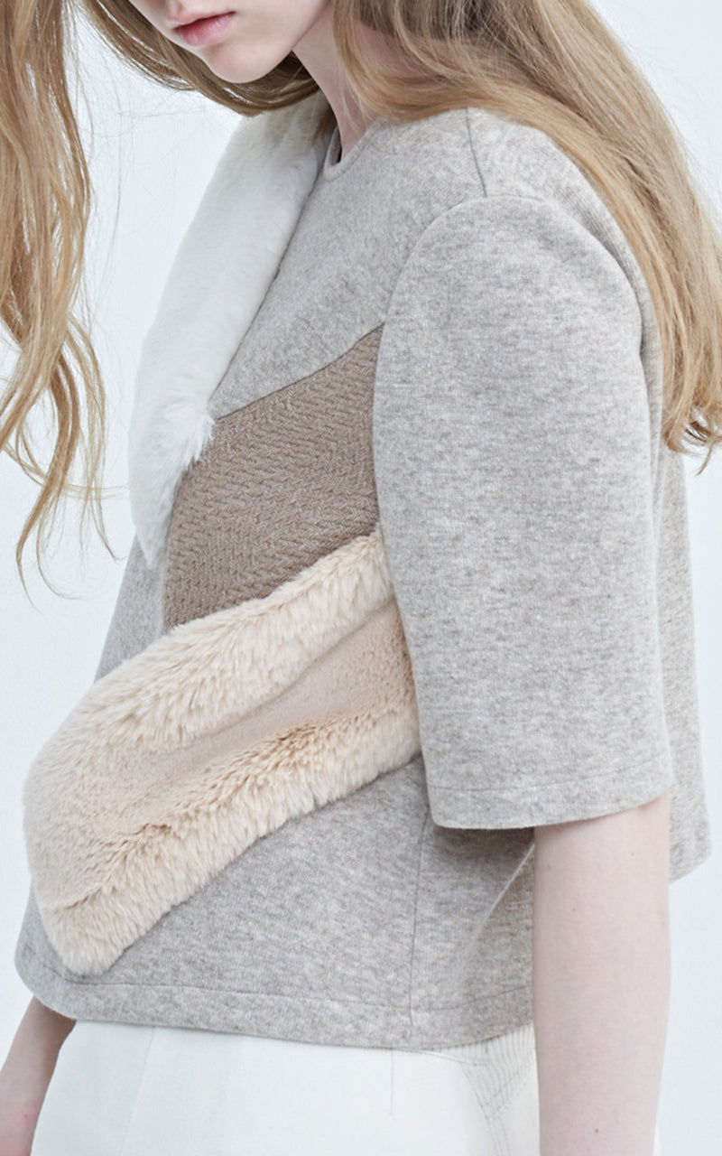 LIE Faux Fur Paneled Short Sleeve Light Grey Wool Sweater