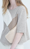 LIE Faux Fur Paneled Short Sleeve Light Grey Wool Sweater