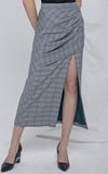 LIE High Waisted Grey Plaid Draped Wrap Side Slit Midi Skirt