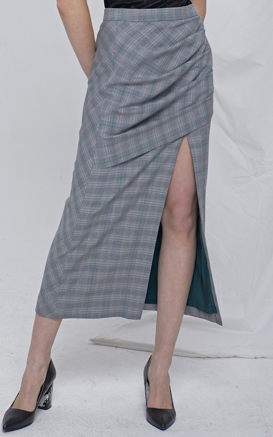 LIE High Waisted Grey Plaid Draped Wrap Side Slit Midi Skirt
