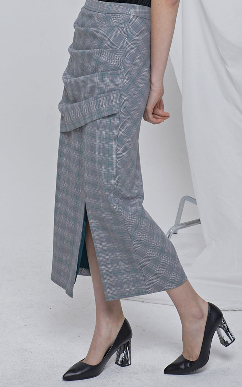 LIE High Waisted Grey Plaid Draped Wrap Side Slit Midi Skirt