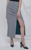 LIE High Waisted Grey Plaid Draped Wrap Side Slit Midi Skirt