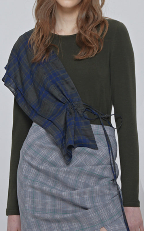 LIE Long Sleeve Knit Green/Blue Plaid Sash Blouse