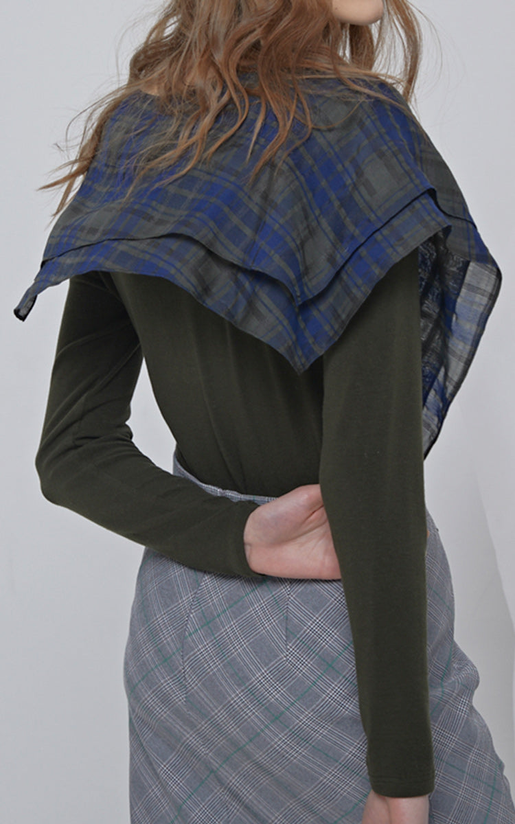 LIE Long Sleeve Knit Green/Blue Plaid Sash Blouse
