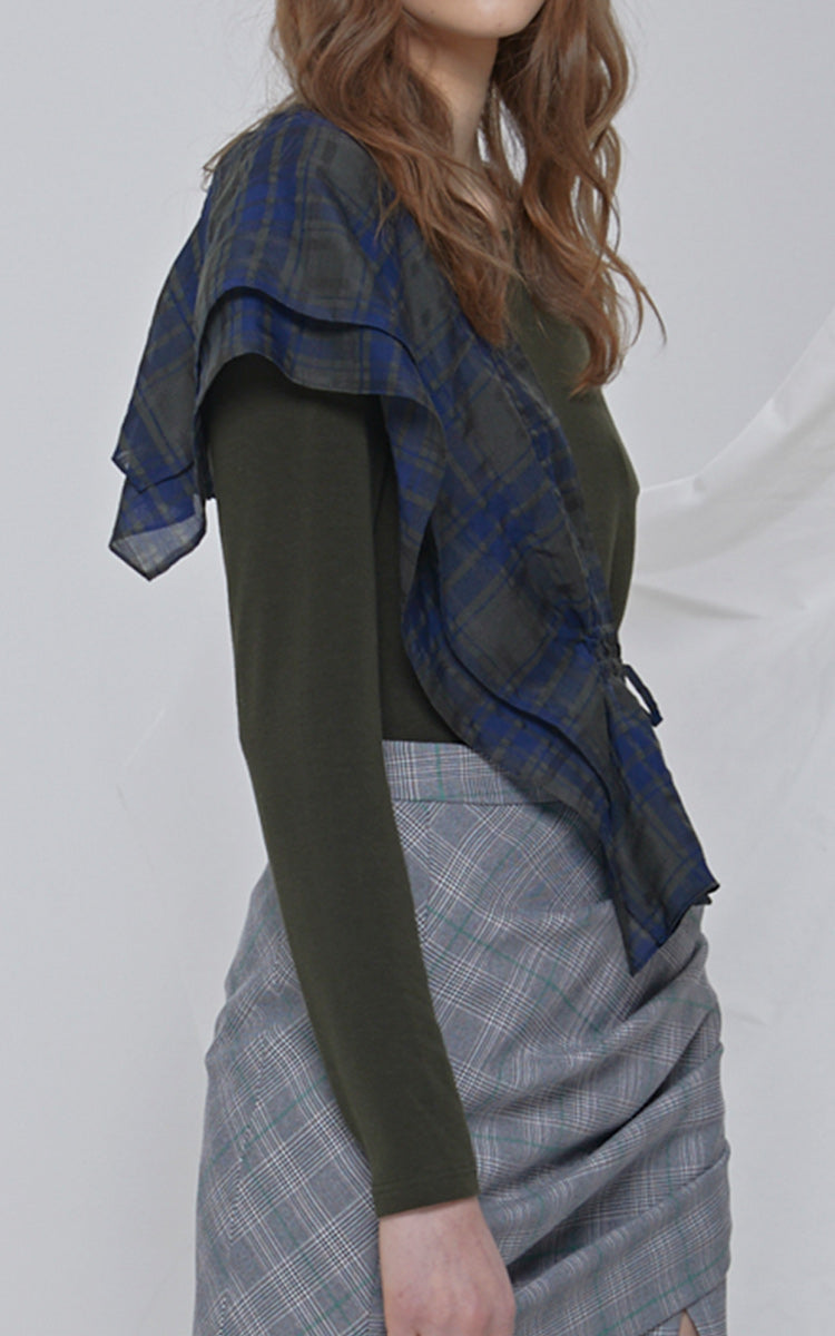 LIE Long Sleeve Knit Green/Blue Plaid Sash Blouse