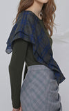 LIE Long Sleeve Knit Green/Blue Plaid Sash Blouse