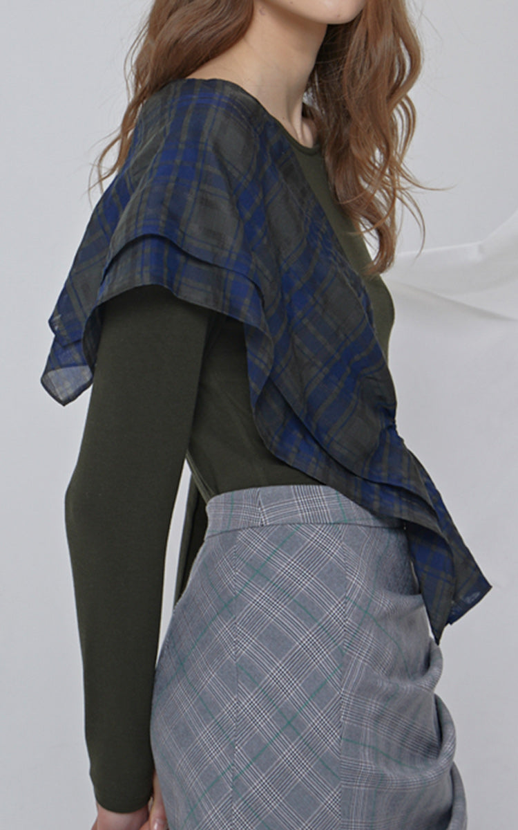 LIE Long Sleeve Knit Green/Blue Plaid Sash Blouse