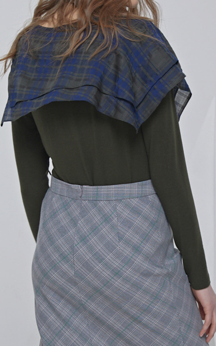 LIE Long Sleeve Knit Green/Blue Plaid Sash Blouse