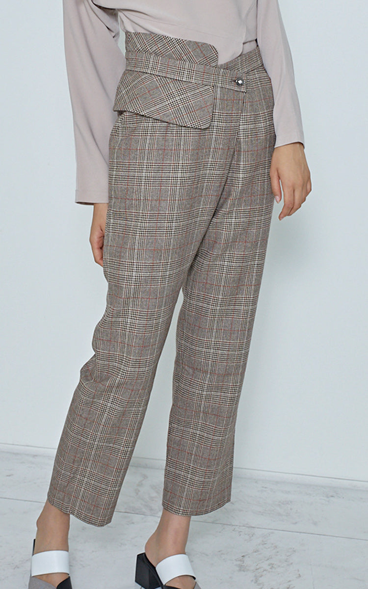 LIE Overlapping Leg Peplum Waist Beige Plaid Cigarette Trouser Pants