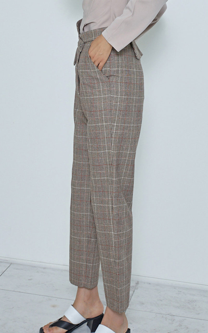 LIE Overlapping Leg Peplum Waist Beige Plaid Cigarette Trouser Pants