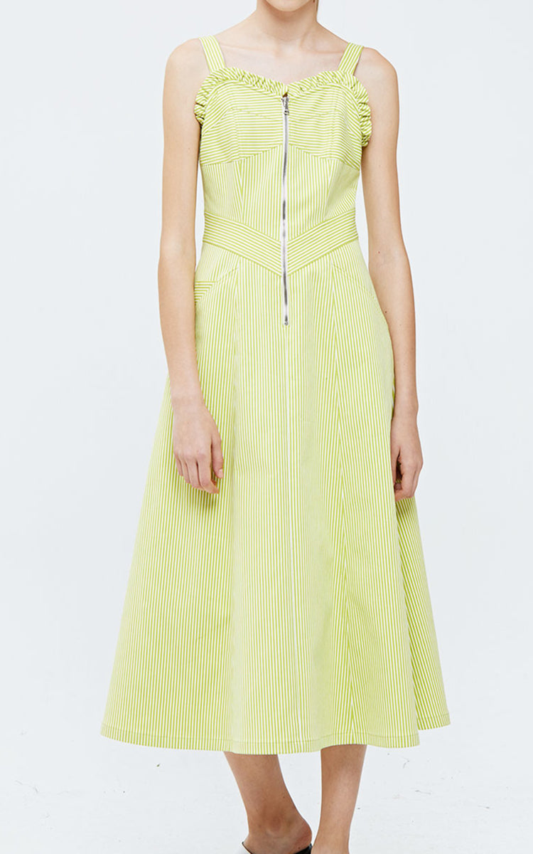 IE Collection Lime Green & White Pinstripe Zipper Flare Dress