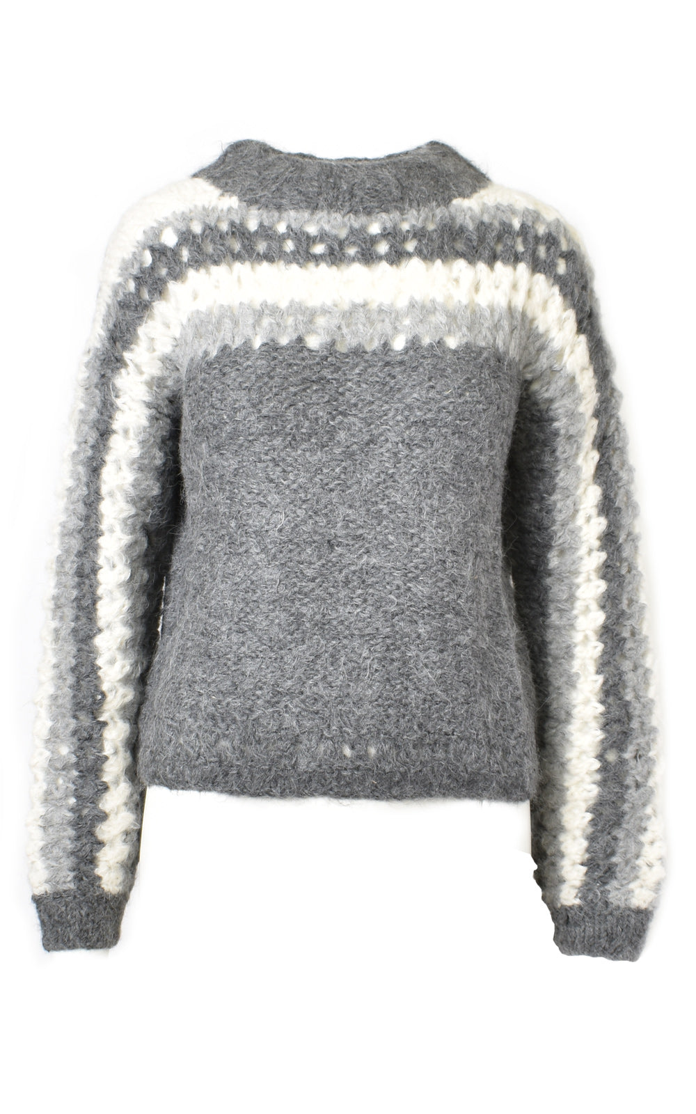 Mantari Gloria Loose Knit Alpaca Stripe Puff Sleeve Sweater Grey