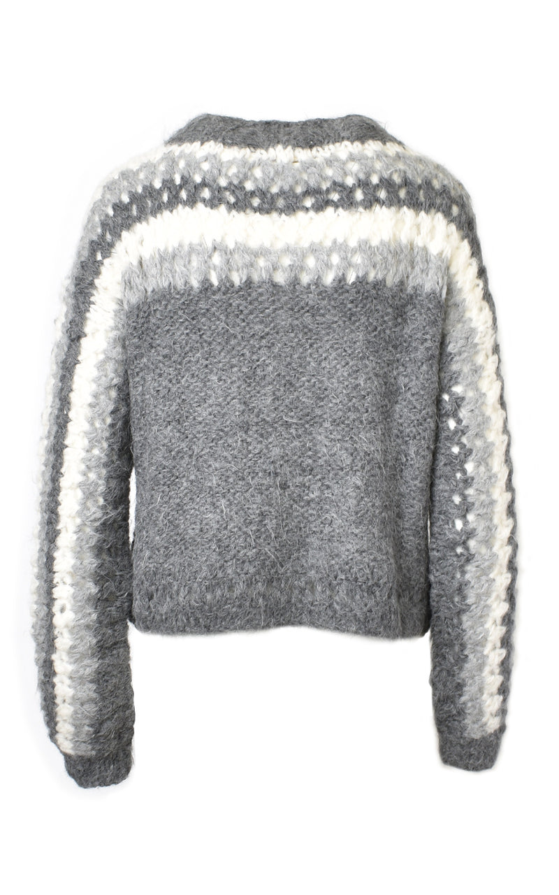 Mantari Gloria Loose Knit Alpaca Stripe Puff Sleeve Sweater Grey