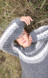 Mantari Gloria Loose Knit Alpaca Stripe Puff Sleeve Sweater Grey
