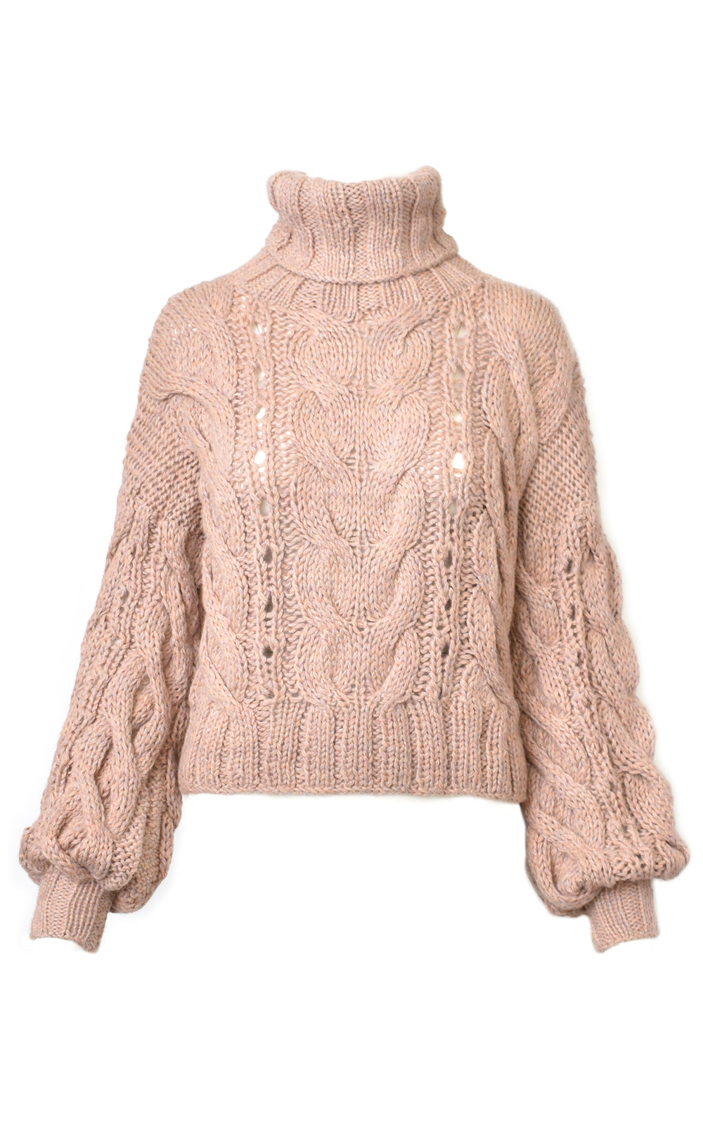 Mantari Rosa Alpaca Cable Knit Puff Sleeve Turtleneck Sweater Dusty Pink