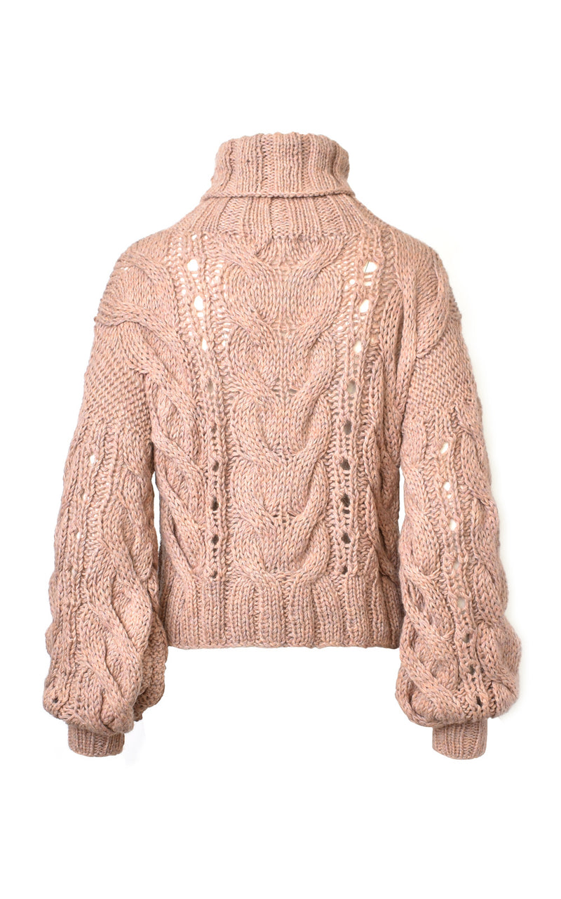 Mantari Rosa Alpaca Cable Knit Puff Sleeve Turtleneck Sweater Dusty Pink