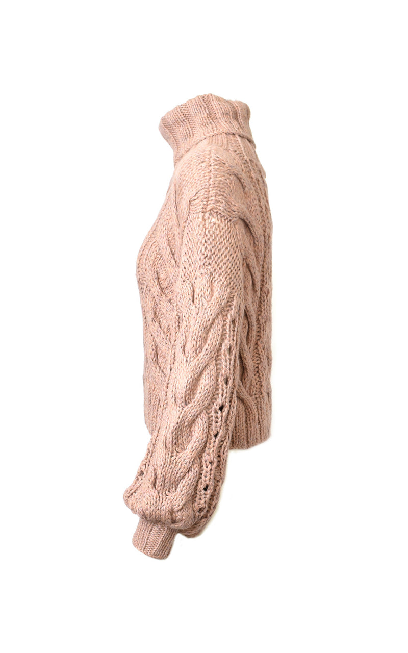 Mantari Rosa Alpaca Cable Knit Puff Sleeve Turtleneck Sweater Dusty Pink
