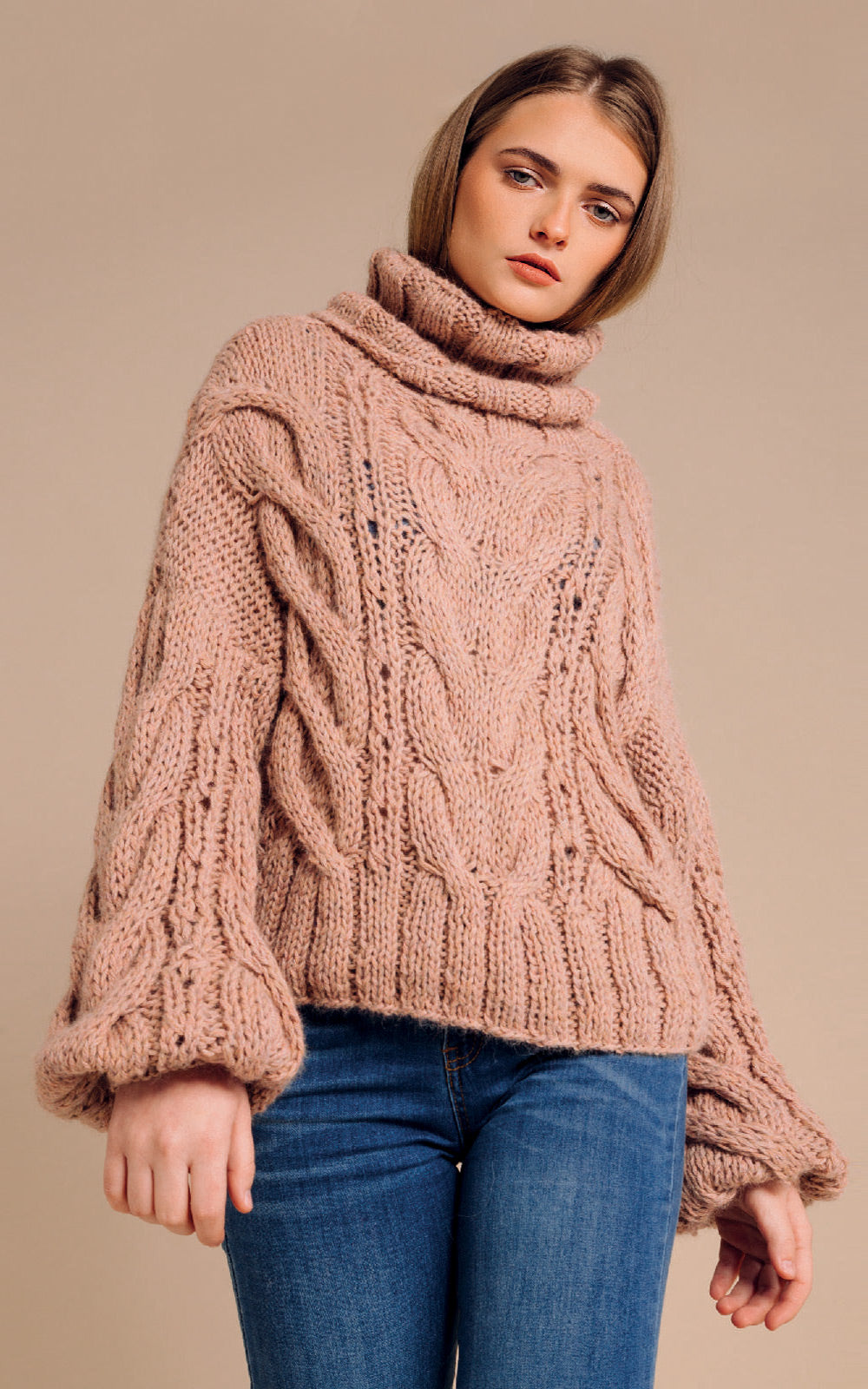 Mantari Rosa Alpaca Cable Knit Puff Sleeve Turtleneck Sweater Dusty Pink