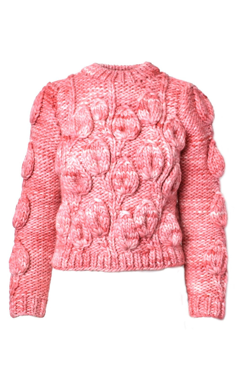Leanne Candy Pink Leaf Pattern Textured Alpaca Wool Sweater