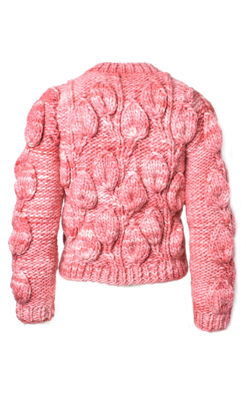 Leanne Candy Pink Leaf Pattern Textured Alpaca Wool Sweater