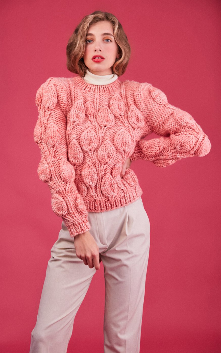 Leanne Candy Pink Leaf Pattern Textured Alpaca Wool Sweater