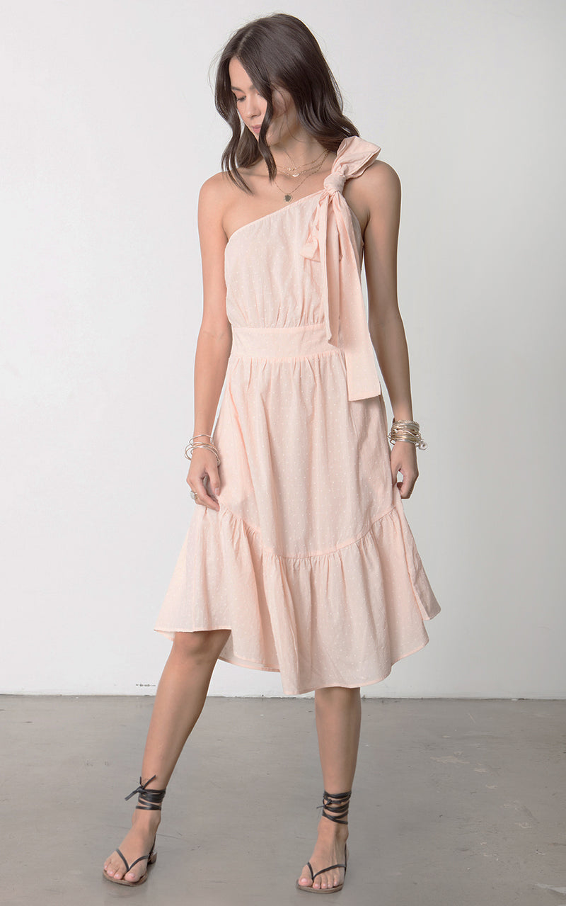 Stillwater Cheval D'Or Rose Pink One Shoulder Bow Midi Dress Rose