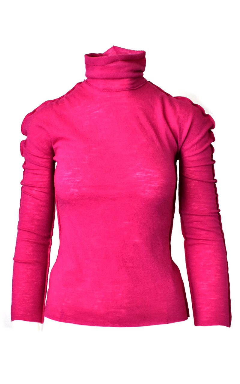 WNDERKAMMER Dark Pink Wool Puff Shoulder Mock Turtleneck One-Line Inside Out Top