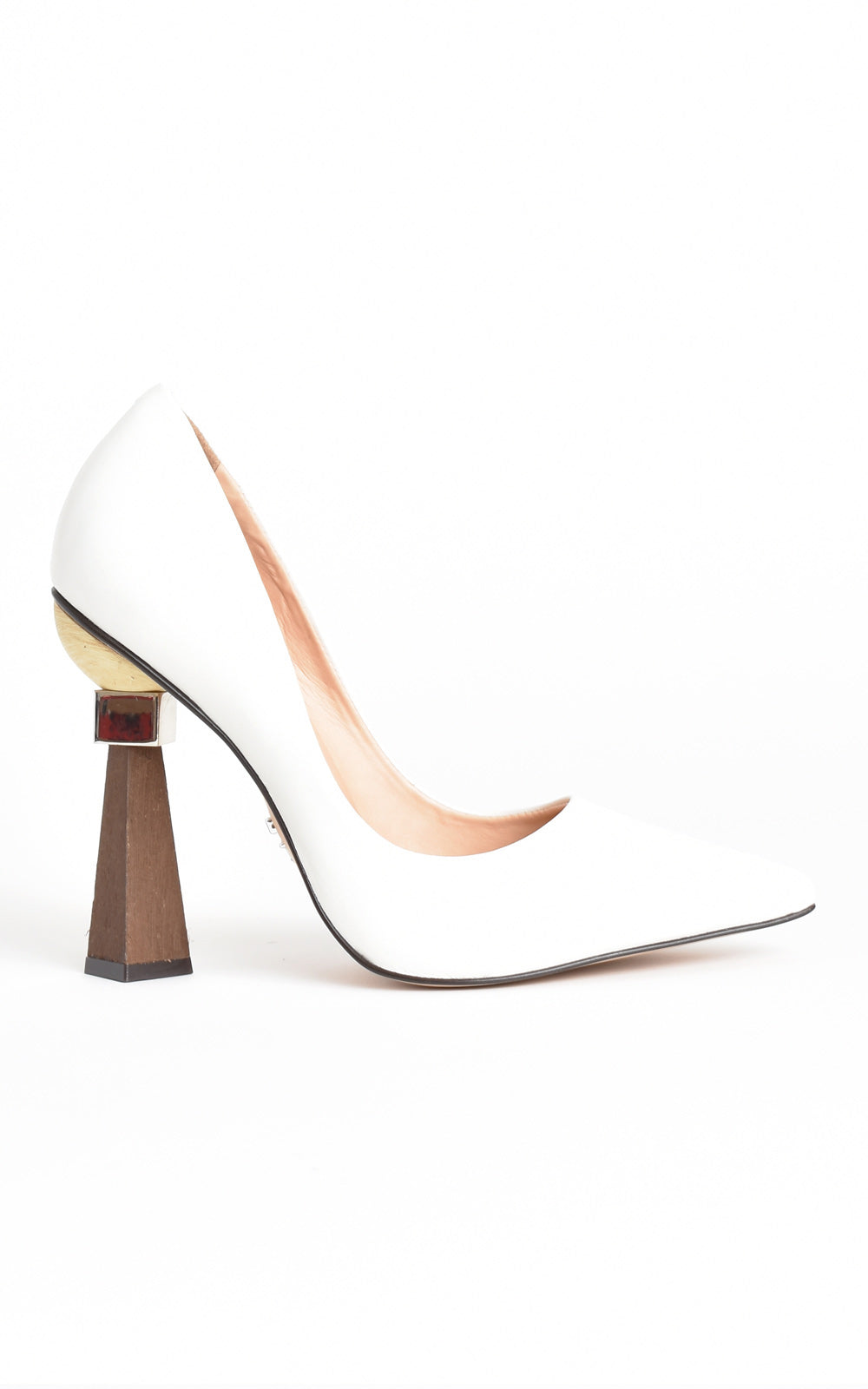 Geometrical Sculpted Stacked Wood Heel Leather Pumps White