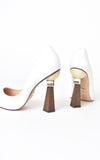 Geometrical Sculpted Stacked Wood Heel Leather Pumps White